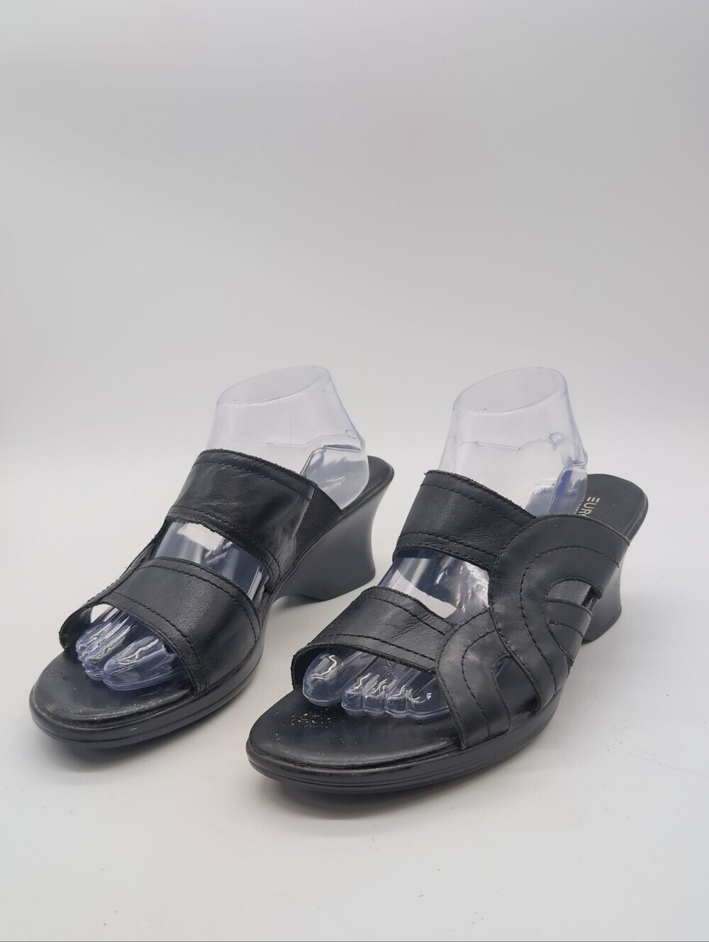 EUROstep Nadine Black Leather Strappy Wedge Slide Sandals Size 11M